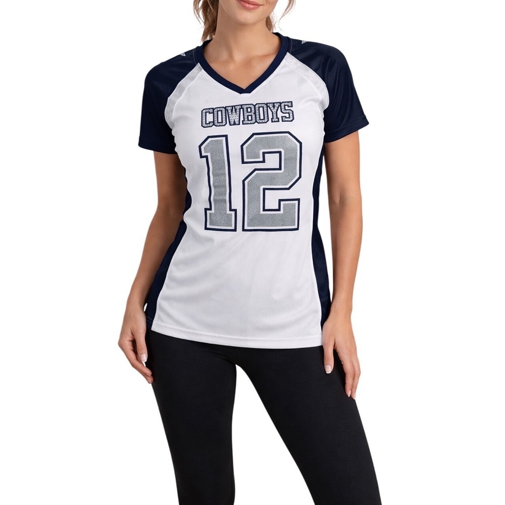 Dallas Cowboys Football Jersey Women Medium Navy White Silver Glitter #12